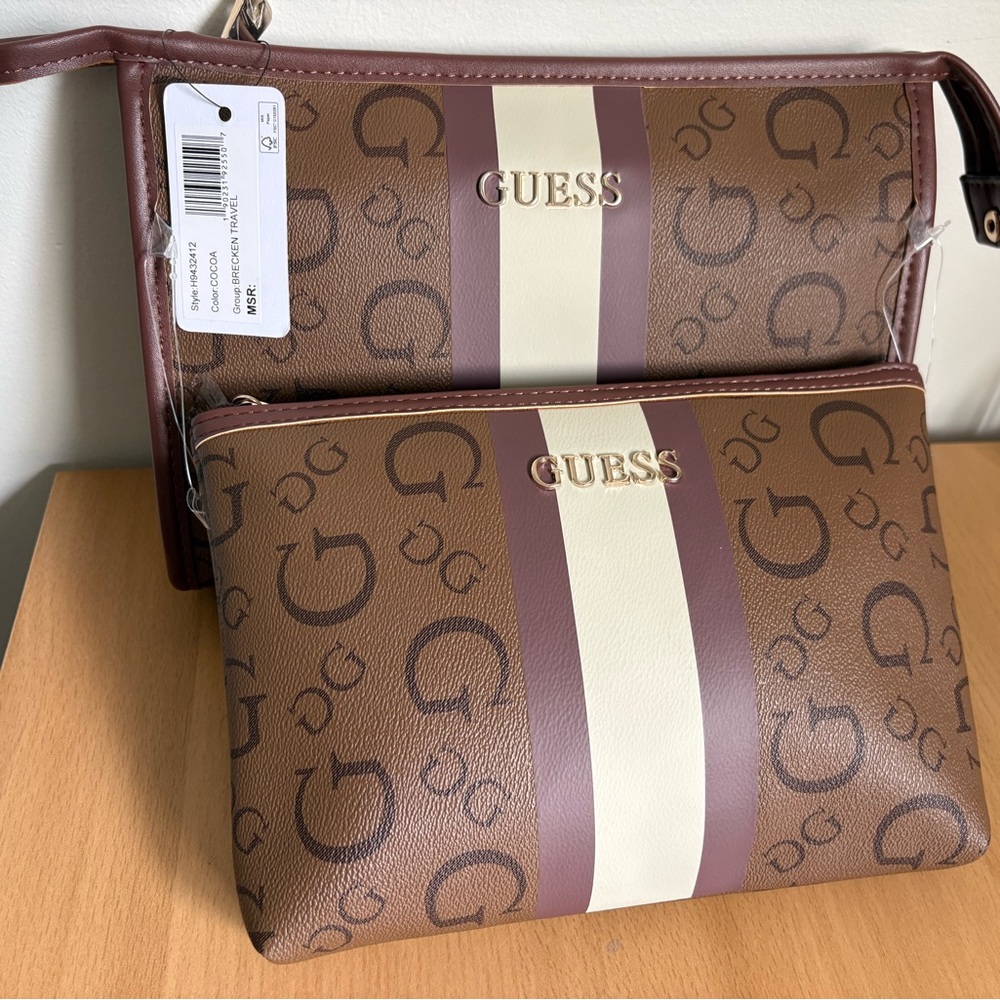 GUESS Brown Logo Double Pouch with Cream and Burgundy Stripes